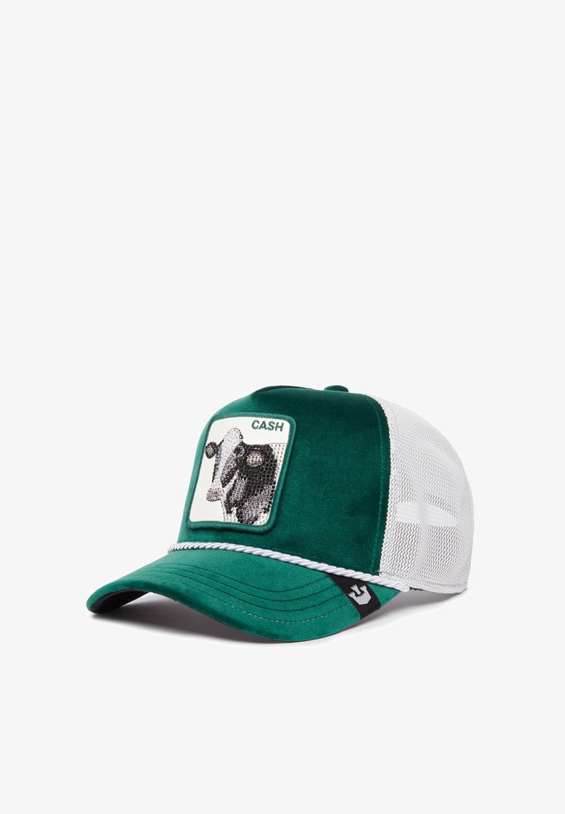 Green fabric cap with a mesh back, featuring a cow graphic with sequins and the word "CASH" above. Includes a textured, curved visor.