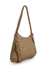 Braided tan leather handbag with a curved shape, featuring a woven texture, adjustable strap, and brass hardware accents.
