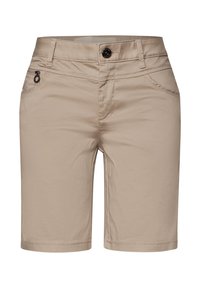 Béžové šortky se zipovou kapsou, zapínáním na knoflík a poutky na opasek. Hladká textura a design sahající ke kolenům.