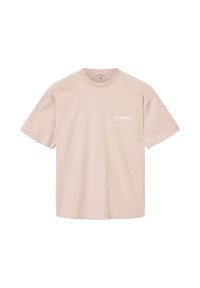 Lichtbeige T-shirt met korte mouwen, gemaakt van zacht katoen. Heeft een ronde hals en een subtiel wit "ALLSAINTS"-logo op de linkerborst.
