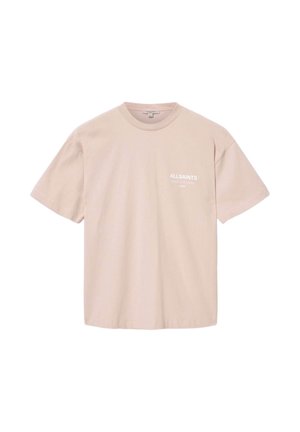 Hellbeiges Kurzarm-T-Shirt aus weicher Baumwolle. Verfügt über einen Rundhalsausschnitt und ein dezentes "ALLSAINTS"-Logo in Weiß auf der linken Brust.