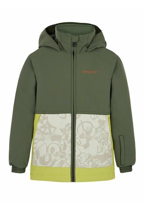 Grüne und gelbe gepolsterte Jacke mit Kapuze, ausgestattet mit einem grafischen Druck auf der unteren Vorderseite und einem Reißverschluss. Elastische Bündchen und Logodetail.