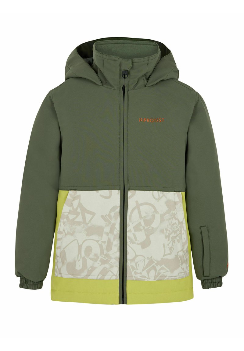 Veste rembourrée verte et jaune avec capuche, arborant un imprimé graphique sur le bas à l'avant et une fermeture éclair. Poignets élastiques et détail de logo.