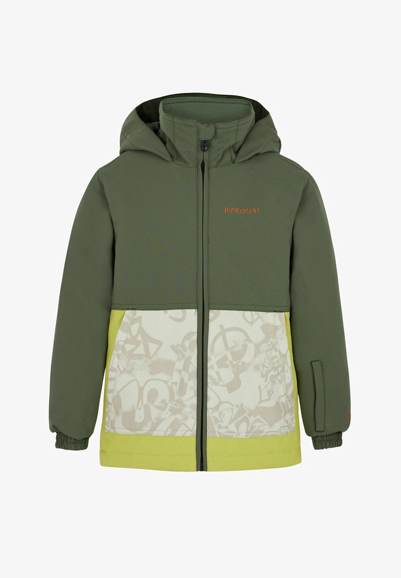 Grüne und gelbe gepolsterte Jacke mit Kapuze, ausgestattet mit einem grafischen Druck auf der unteren Vorderseite und einem Reißverschluss. Elastische Bündchen und Logodetail.