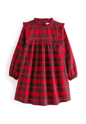 Robe longue à manches longues en tissu à carreaux rouge avec col montant volanté, détails volantés sur la poitrine et les épaules, et poignets élastiques aux manches.