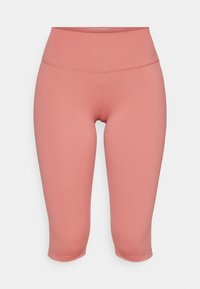 Różowe legginsy capri wykonane z elastycznego materiału, z wysokim pasem i gładką teksturą, bez widocznych wzorów czy akcentów.