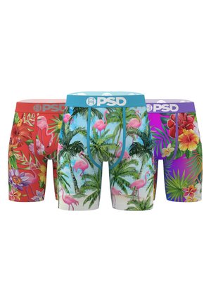Three pairs of colorful boxer briefs with tropical floral and flamingo prints, each with a different vibrant waistband color and PSD logo.