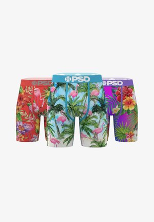 Three pairs of colorful boxer briefs with tropical floral and flamingo prints, each with a different vibrant waistband color and PSD logo.