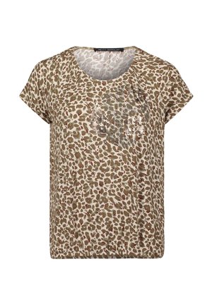 Beige T-shirt med korte ærmer med brune leopardpletter og et diskret blomsterdesign på brystet, rund halsudskæring, Betty Barclay-mærke.