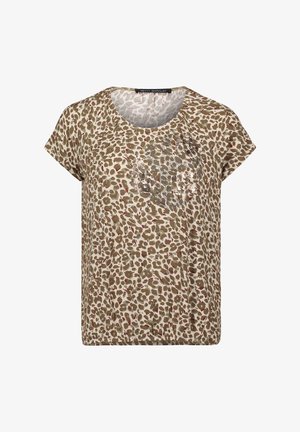 T-shirt beige à manches courtes avec des taches léopard marron et un motif floral subtil sur la poitrine, col rond, étiquette Betty Barclay.