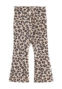 Leopardmønstret bukser med flared ben i beige stof, med sorte og brune pletter, elastisk talje og en blød tekstur.