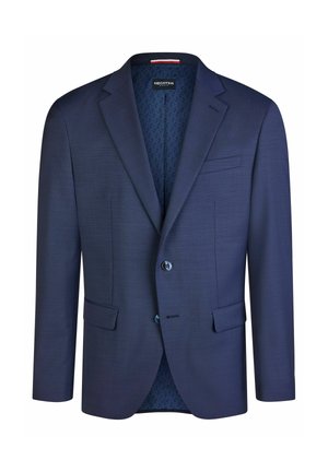 Męska granatowa marynarka na miarę z klapami z wycięciem, dwoma guzikami, kieszeniami z patkami i wzorzystą podszewką.