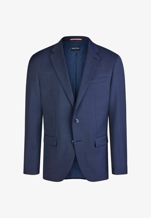 Męska granatowa marynarka na miarę z klapami z wycięciem, dwoma guzikami, kieszeniami z patkami i wzorzystą podszewką.