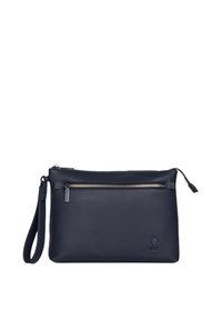 Mörkblå läderväska med strukturerad yta, utrustad med dragkedja upptill och en framficka med dragkedja för extra förvaring.