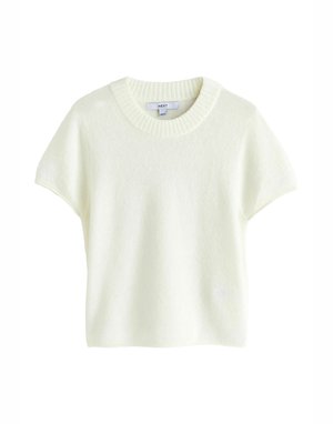 Short-sleeve, cream sweater made of soft fabric. Features a ribbed crew neckline and relaxed fit. Minimalist design, no additional patterns or accents.