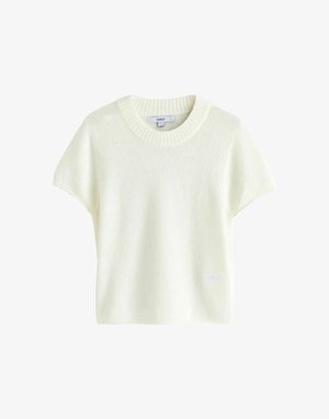 Kurzärmeliger, cremefarbener Pullover aus weichem Stoff. Verfügt über einen gerippten Rundhalsausschnitt und eine lockere Passform. Minimalistisches Design, ohne zusätzliche Muster oder Akzente.