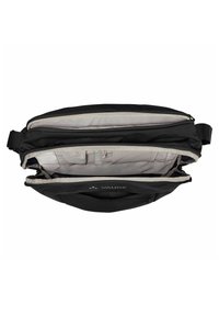 Schwarze Umhängetasche mit zwei Reißverschlussfächern, grauer Innenauskleidung, verstellbarem Tragegurt und kleinen Organisationsfächern. Strukturiertes äußeres Material.