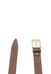 Cintura in pelle marrone con motivo a fantasia, fibbia in metallo dorato e passante. Presenta disegni stampati a tema viaggio sulla fascia.