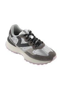 Gray sneaker with silver accents, suede and metallic material, textured surface, black laces, thick sole, and a rounded toe design.