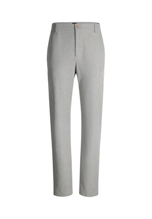 Light grey straight-leg trousers with button and zip closure, belt loops, and a smooth, woven fabric texture.