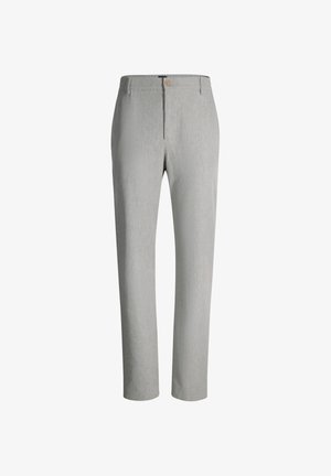 Hellgraue Stoffhose mit geradem Bein, Knopf- und Reißverschluss, Gürtelschlaufen und glatter, gewebter Textur.