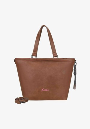 Borsa tote in pelle marrone con due manici, una tracolla rimovibile e un dettaglio logo rosa. Texture liscia, forma affusolata e dettagli in metallo argentato.