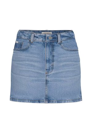 Leren rok in lichtblauw, met een klassiek vijf-pocket ontwerp, knoopsluiting aan de voorkant en subtiele vervaging voor textuur.
