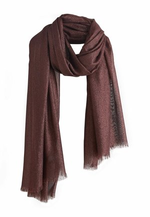 Long sheer dark brown scarf with a subtle shimmer, loosely draped with fringed edges against a white background.