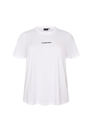 Hvid t-shirt med korte ærmer og rund hals med sort tekst "Everyday Uniform" centreret på brystet.