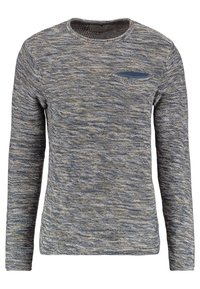 Pull en maille à manches longues avec un tissu texturé mêlant des nuances de bleu et de gris ; il comporte une petite poche sur le devant et un col rond.