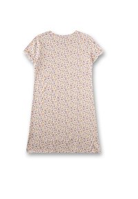 Floral short-sleeve dress in light pink, featuring a scattered flower pattern in yellow, red, and green on a smooth, soft fabric.