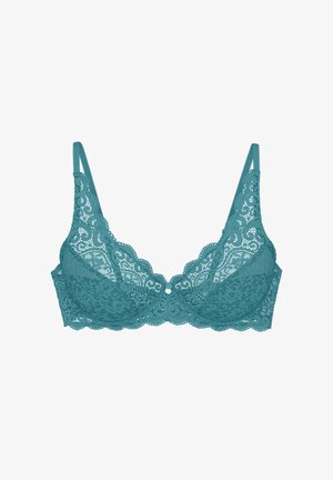 Brazylka w kolorze teal, ozdobiona koronkowymi brzegami, regulowanymi ramiączkami i dekoracyjnym detalem na środku. Całość pokryta teksturowanym wzorem w kwiaty.