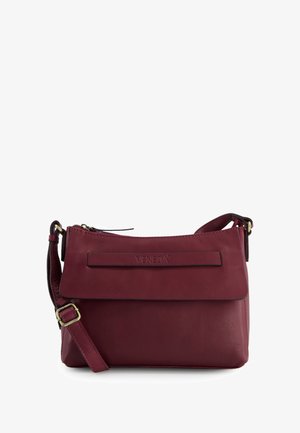 Maroon leather crossbody bag with a foldover flap, adjustable strap, embossed logo, and smooth texture. Zipper closure at the top.