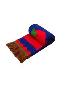 Kolorowy szal o niebieskiej podstawie, z czerwonymi i zielonymi wzorami oraz zielonymi frędzlami na końcach. Zrolowany do przechowywania lub wystawienia.