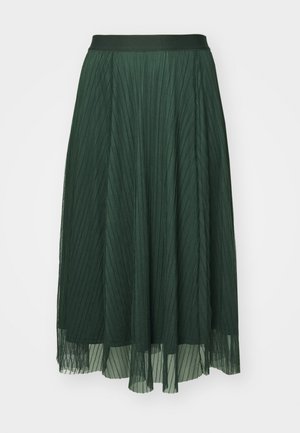 Grønn plisserte midiskjørt med en jevn midje, som har lagdelt gjennomsiktig stoff og en flytende design. Teksturen virker lett og delikat.