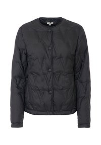 Giacca a vento nera con collo rotondo, bottoni a pressione frontali e trama trapuntata. Presenta polsini elasticizzati e un orlo leggermente corto.