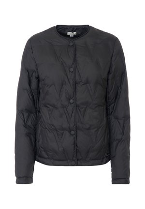 Giacca a vento nera con collo rotondo, bottoni a pressione frontali e trama trapuntata. Presenta polsini elasticizzati e un orlo leggermente corto.