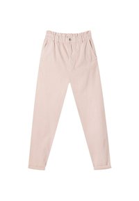 Ljusrosa bomullsbukser med resår i midjan, framfickor, uppvikt nederdel och knappstängning framtill. Slät textur och avsmalnande design.