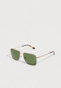 Gold metal frame sunglasses with green rectangular lenses and tortoiseshell tips on the arms, set against a plain light background.