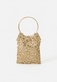 Beaded gold handbag with a circular gold handle and floral patterns. Crafted from a shimmery fabric with a soft texture.