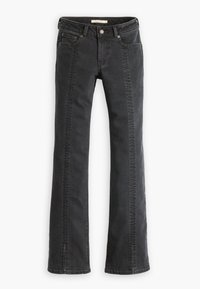 Black denim flared jeans with five pockets, belt loops, and contrasting stitching along the front seams. Soft texture and standard waist.