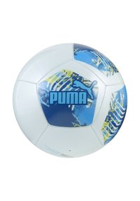 Puma fotboll; främst vit med blå och gula accenter; hexagonala paneler med logotyp och abstrakta mönster; slät, syntetisk yta.