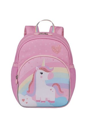 Pink children's backpack with a glittery unicorn, rainbow, clouds, and glitter heart decoration on the front pocket.
