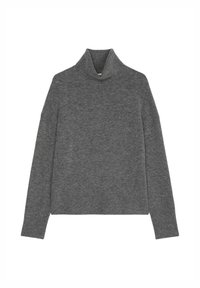 Harmaa poolopaita, valmistettu pehmeästä neulosmateriaalista, jossa on korkea kaulus, pitkät hihat ja rento istuvuus.