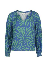 Bluzka z dekoltem w kształcie litery V i długimi rękawami, wykonana z niebieskiego materiału z zielonym abstrakcyjnym wzorem liści oraz elastycznymi mankietami. Gładka tekstura o luźnym kroju.
