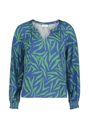 Bluse mit V-Ausschnitt und langen Ärmeln aus blauem Stoff mit grünem abstraktem Blattmuster und elastischen Bündchen. Glatte Textur mit lockerer Passform.