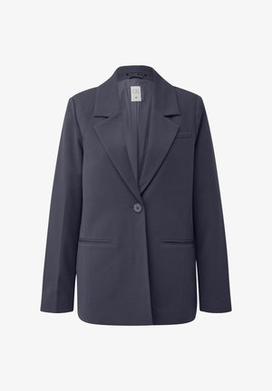 Blazer blu scuro realizzato in un tessuto liscio. Caratterizzato da un colletto a revers, chiusura con un singolo bottone, due tasche frontali e una silhouette aderente.
