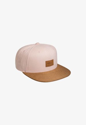 Pink baseball cap with a brown felt brim. Features a textured fabric and a rectangular brown leather patch on the front.