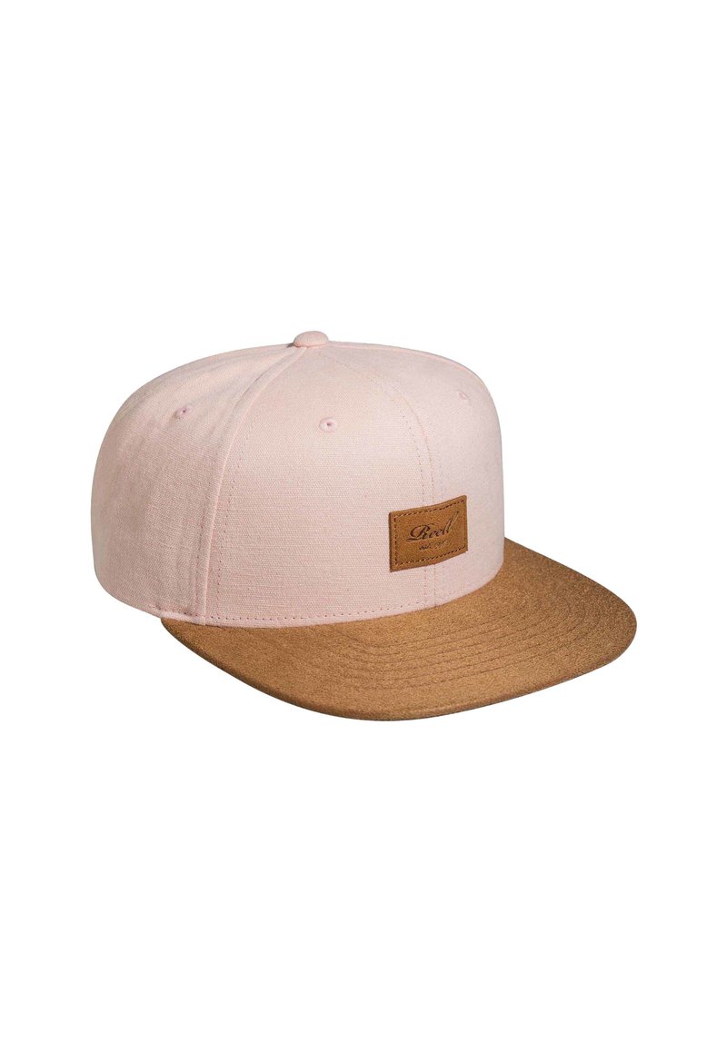 Pink baseball cap with a brown felt brim. Features a textured fabric and a rectangular brown leather patch on the front.