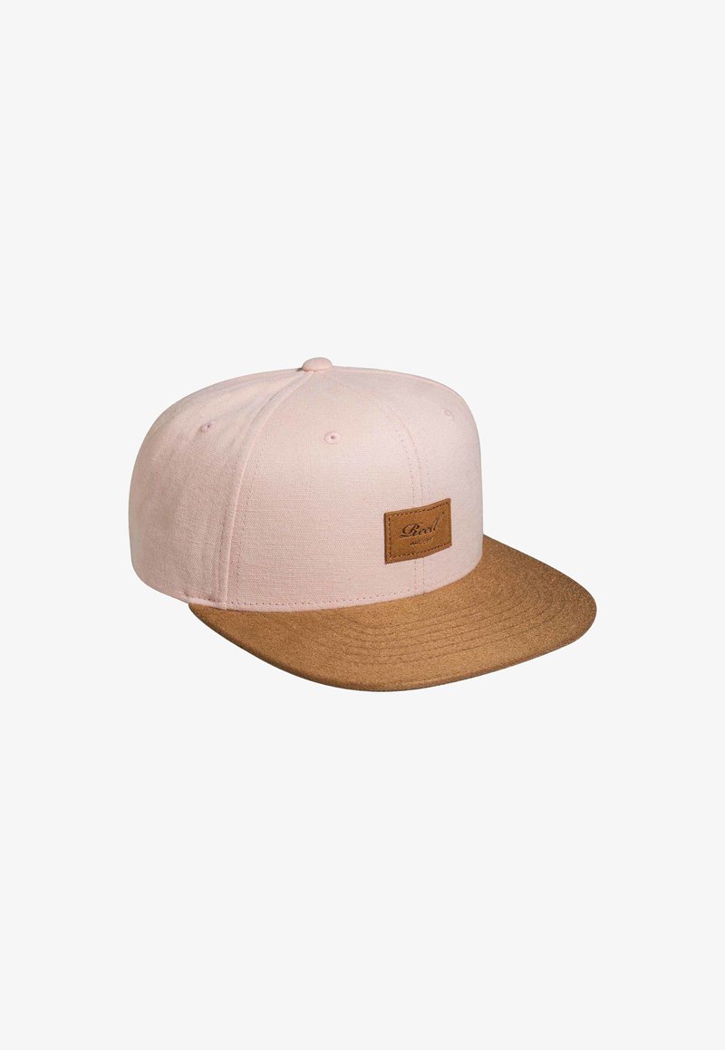 Pink baseball cap with a brown felt brim. Features a textured fabric and a rectangular brown leather patch on the front.